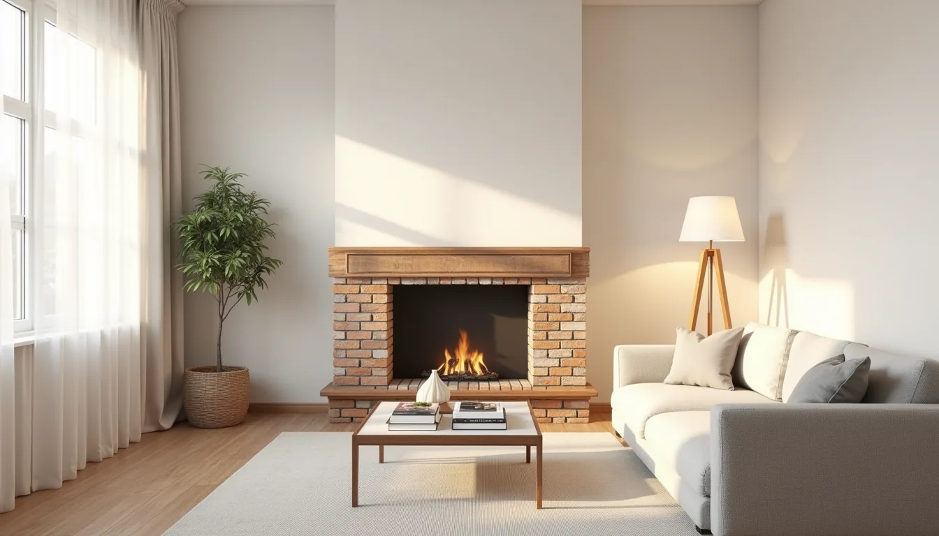 Brick fireplace centered on back wall with sectional sofa, glass coffee table, and area rug in conversation-focused living