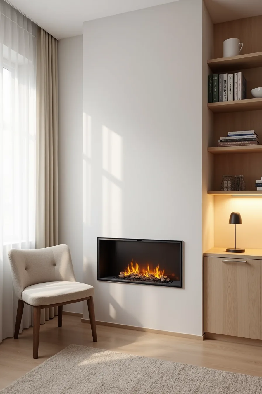 Slim electric fireplace insert in white-painted alcove with narrow armchair and floating shelves above in compact apartment