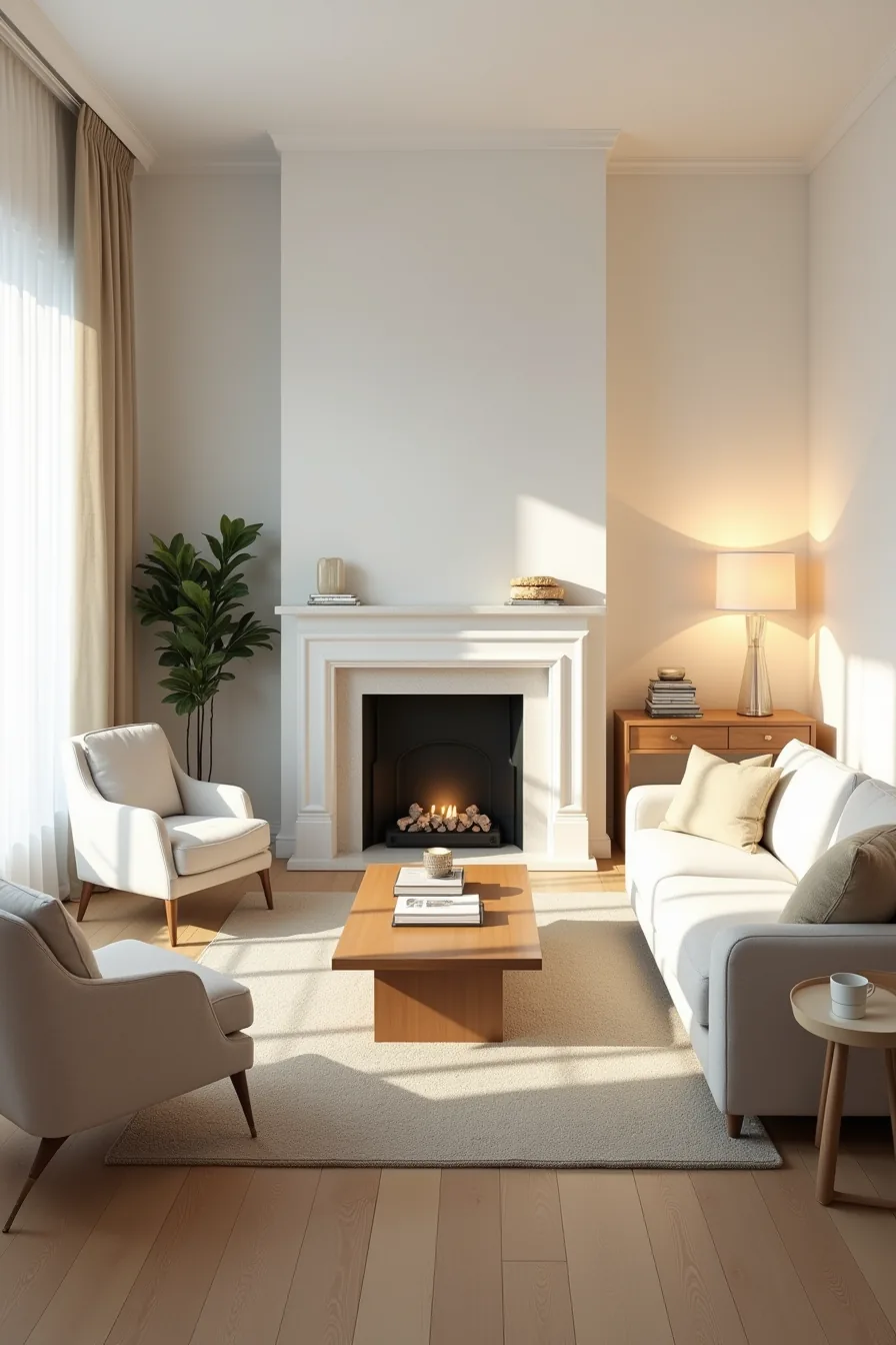 Overhead layout showing fireplace with two angled armchairs, console table, and side table with lamp in conversation-focused