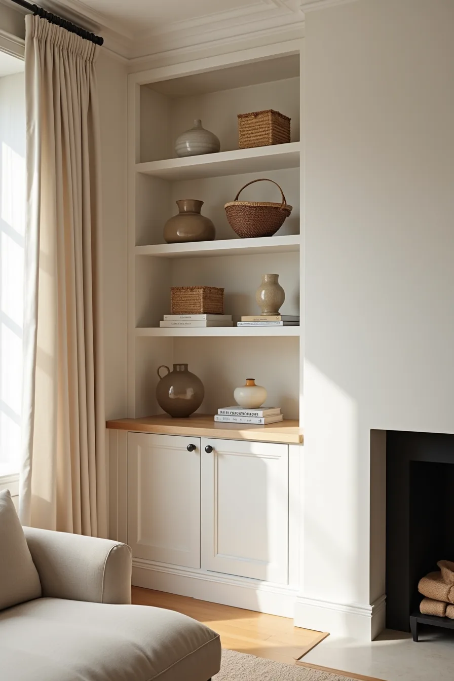 Built-in shelving flanks fireplace opening, displaying decorative boxes, woven baskets, and ceramic vessels at varied