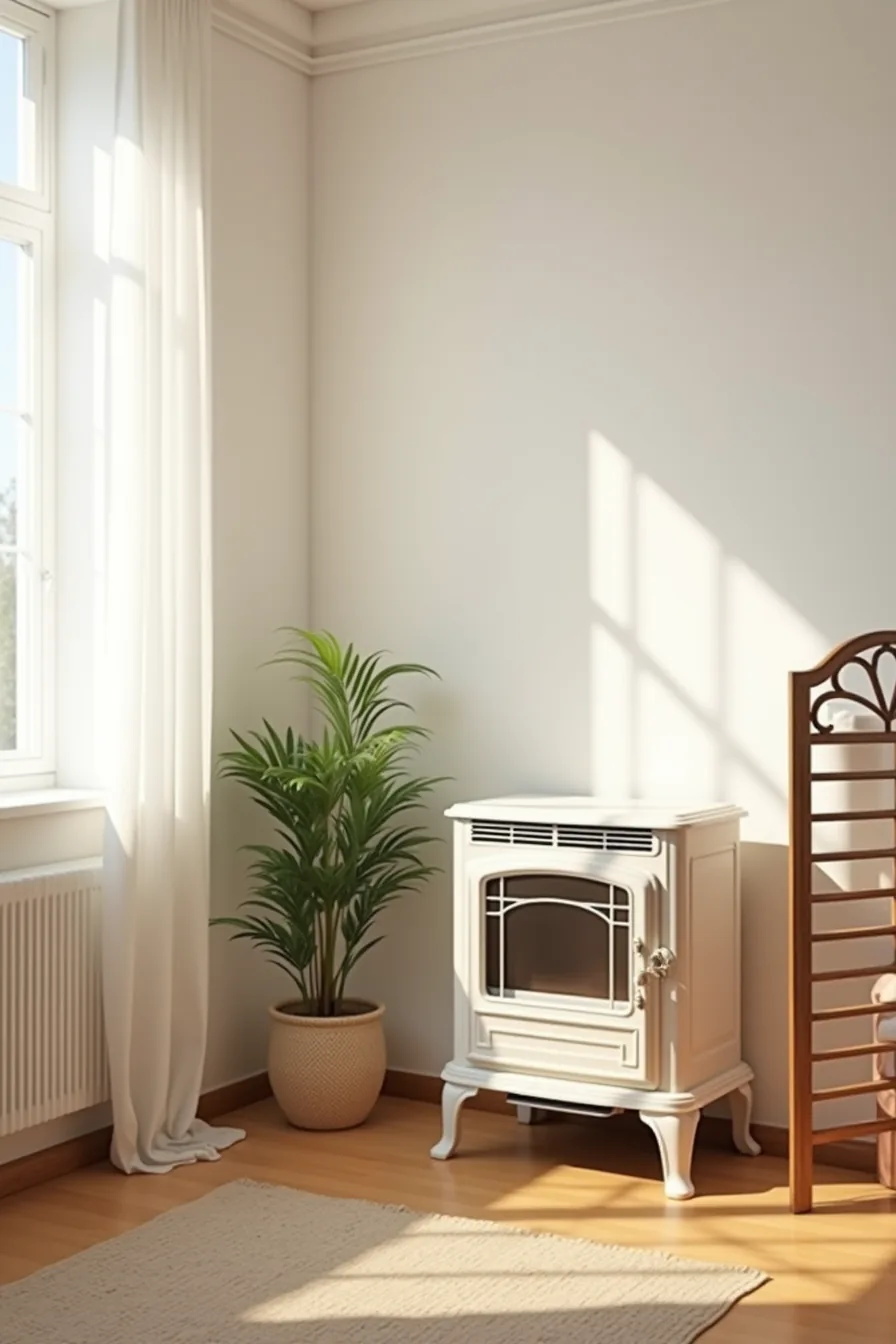 Freestanding electric stove heater flanked by tall potted plant and decorative folding screen against apartment wall.