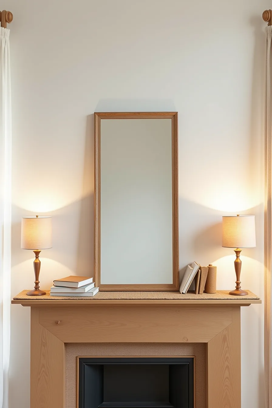 Fireplace mantel displays centered mirror, matching candle holders on either side, and woven runner in balanced arrangement.
