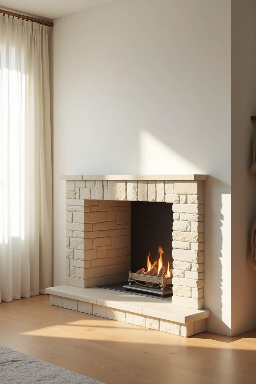 Stacked stone tiles arranged in geometric pattern around firebox opening with visible grout lines creating textured surround.
