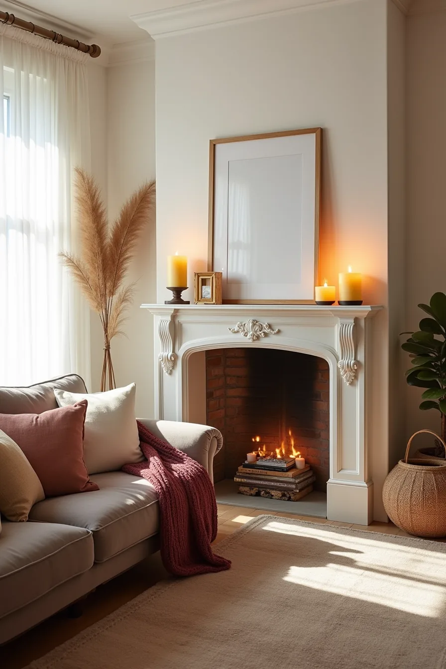 A fireplace mantel features burgundy and gold accents with string lights, while the sofa displays chunky knit throws