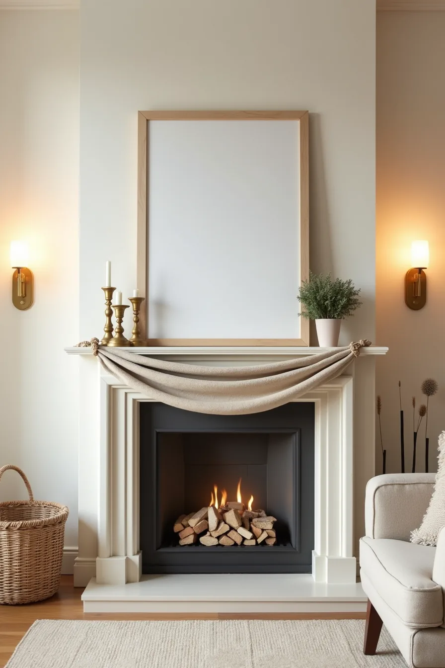 A decorative screen panel fronts the fireplace with fabric swag on the mantel, brass candlesticks, potted plants, and