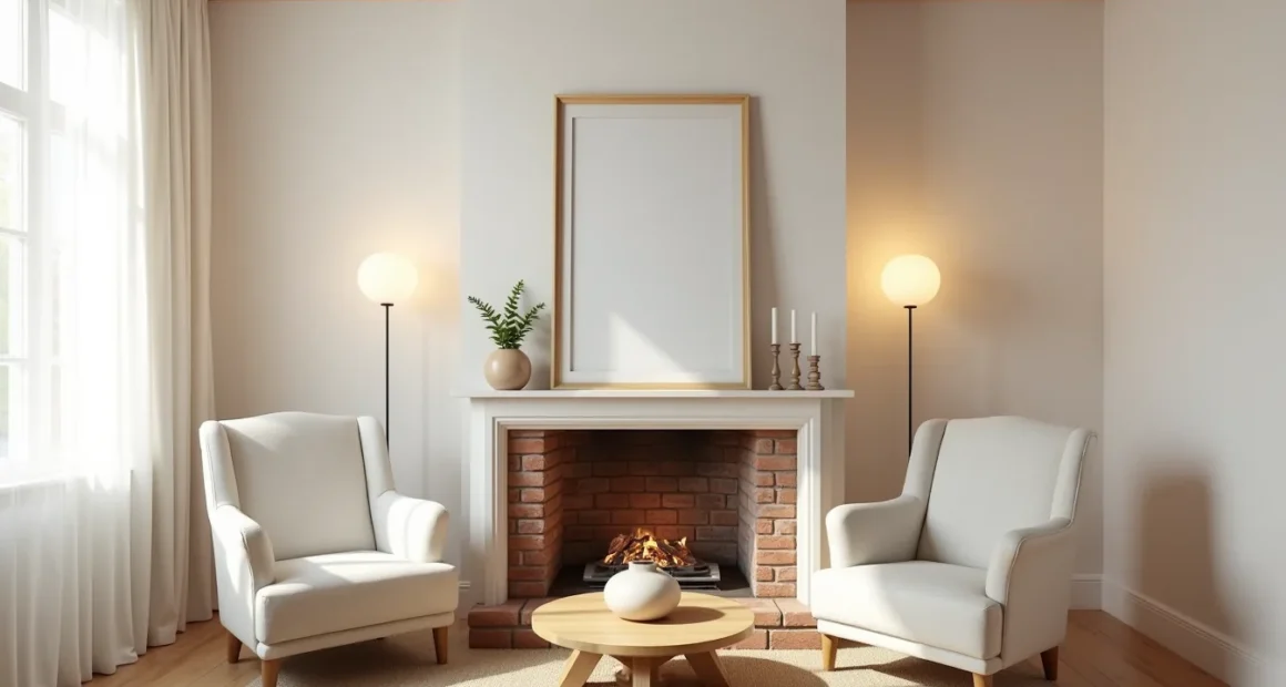 Two wingback chairs face a brick fireplace with a wooden table and ceramic vessel between them, candlesticks and mirror on