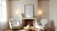 Two wingback chairs face a brick fireplace with a wooden table and ceramic vessel between them, candlesticks and mirror on