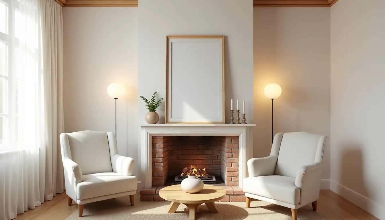 Two wingback chairs face a brick fireplace with a wooden table and ceramic vessel between them, candlesticks and mirror on