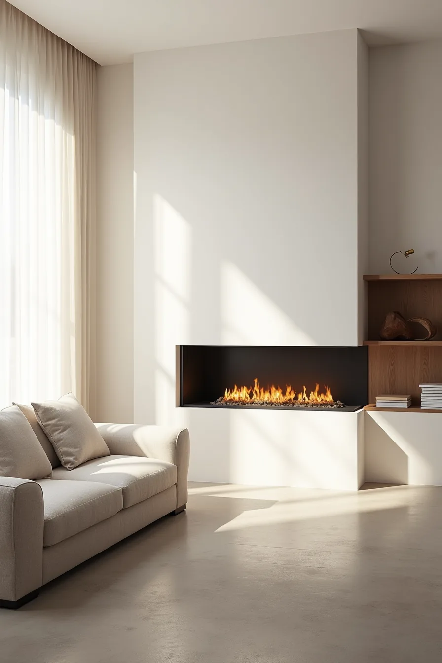 A linear gas fireplace in plaster wall features a concrete hearth, neutral sectional sofa, floating shelves, and a