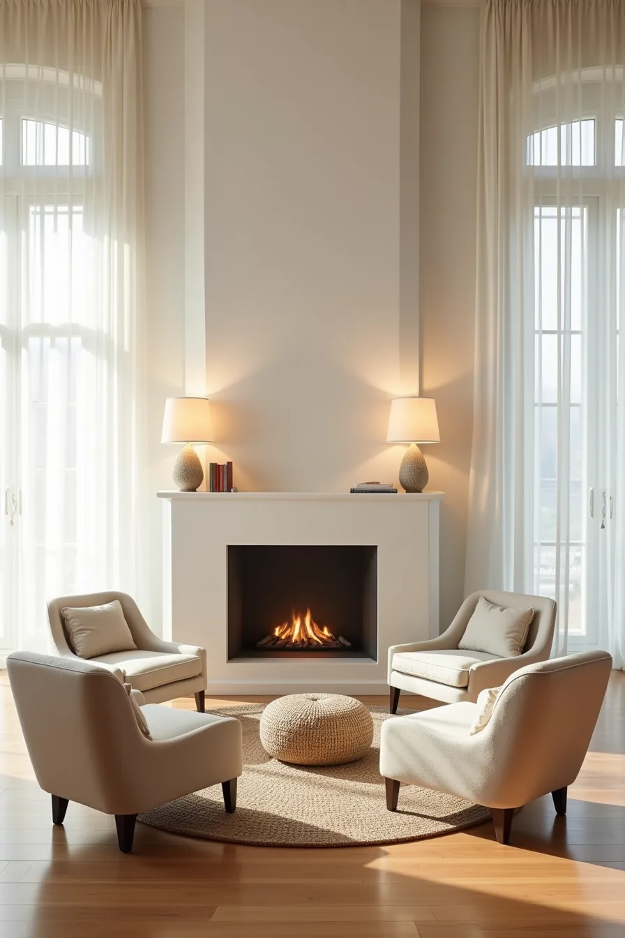 Four upholstered chairs form a semicircle around a fireplace hearth with round side tables, poufs, and a defining area rug.