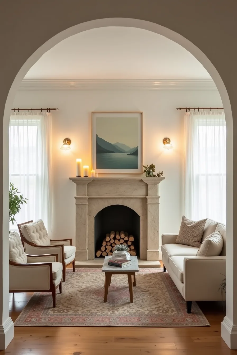 A stone fireplace with arched opening anchors a seating arrangement of sofa and accent chairs on a patterned rug, with books