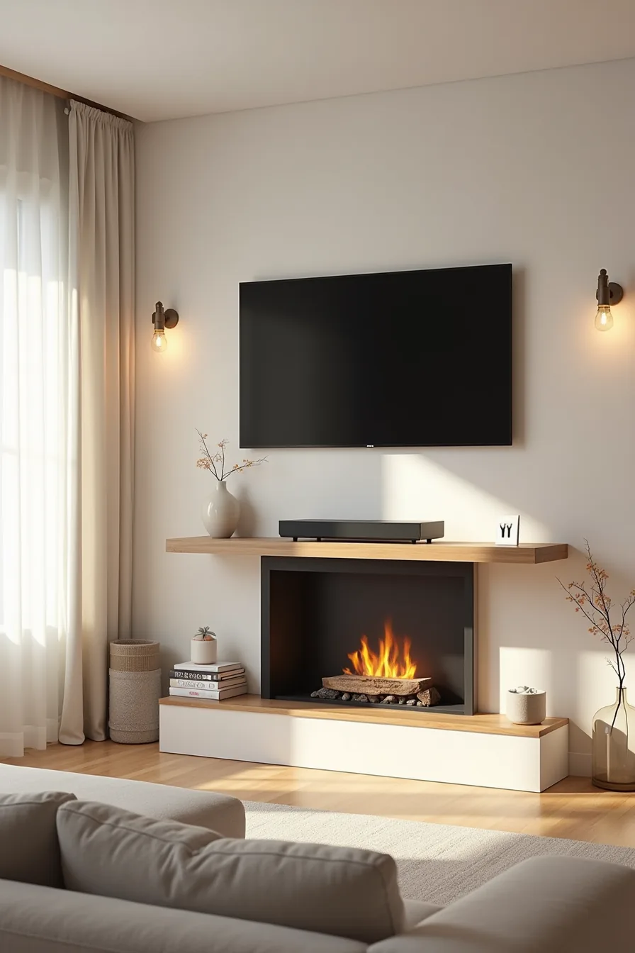 A mounted television sits above a fireplace with a media console below, flanked by floating shelves on a neutral wall.