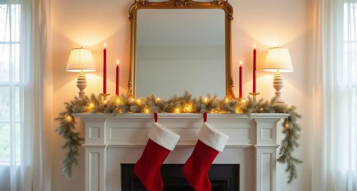 Cream garland frames a gold mirror flanked by red candles, with red velvet stockings hanging below on a neutral mantel.