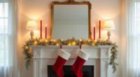 Cream garland frames a gold mirror flanked by red candles, with red velvet stockings hanging below on a neutral mantel.