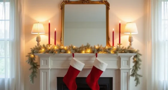 Cream garland frames a gold mirror flanked by red candles, with red velvet stockings hanging below on a neutral mantel.