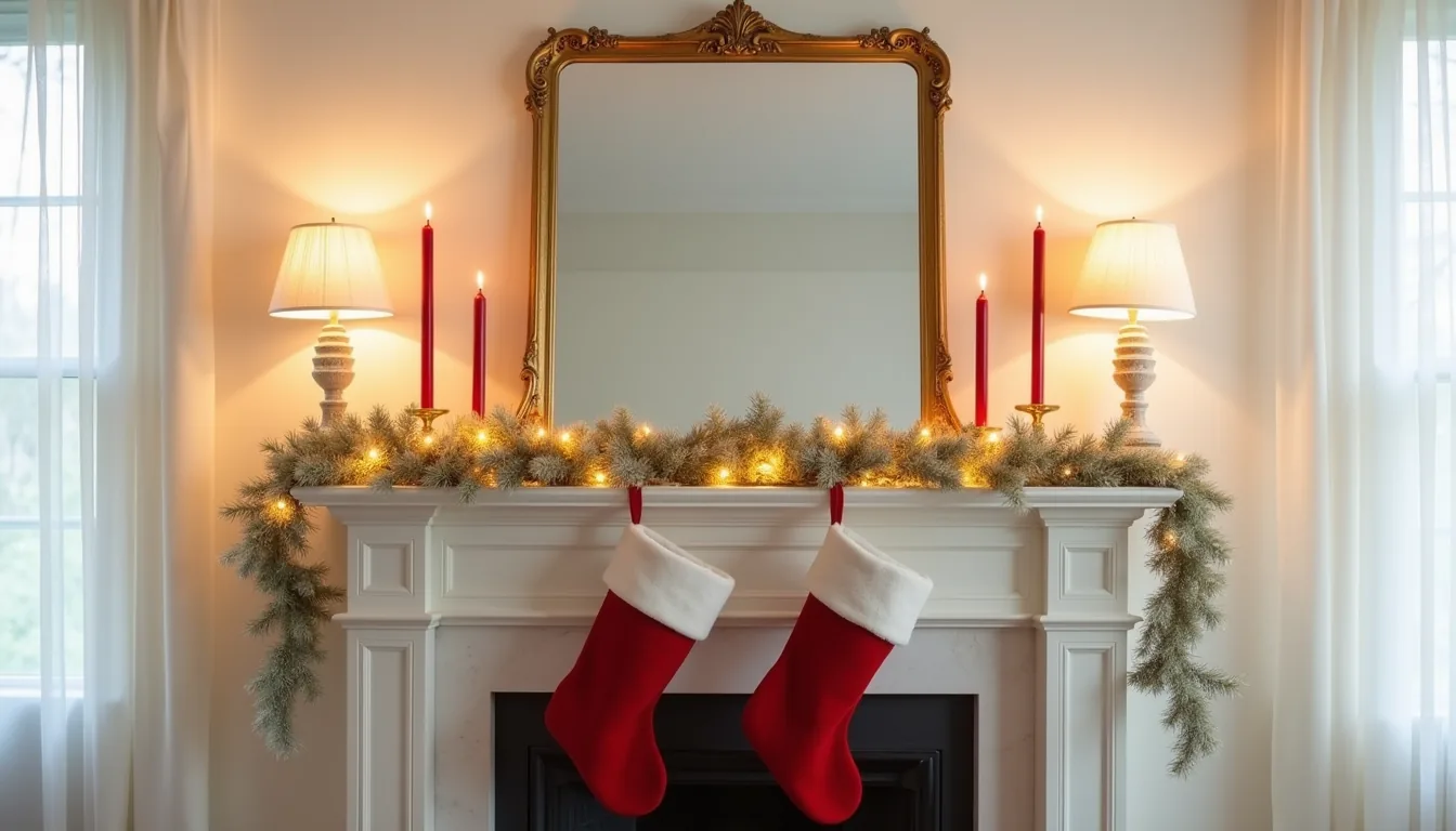 Cream garland frames a gold mirror flanked by red candles, with red velvet stockings hanging below on a neutral mantel.