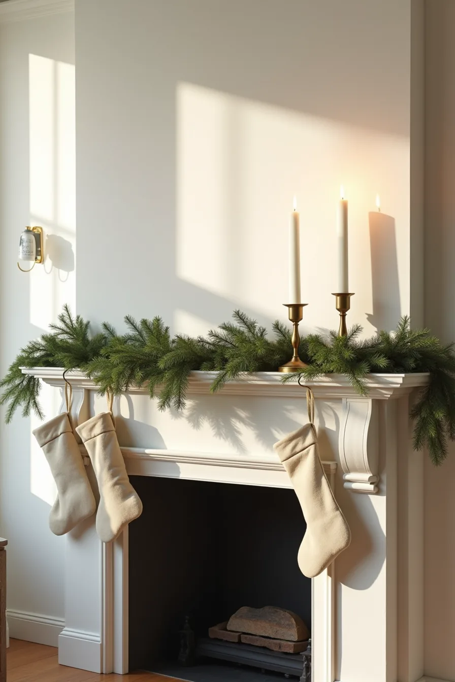 Evergreen garlands curve across the mantel with brass candlesticks holding white tapers and three stockings hanging in front.