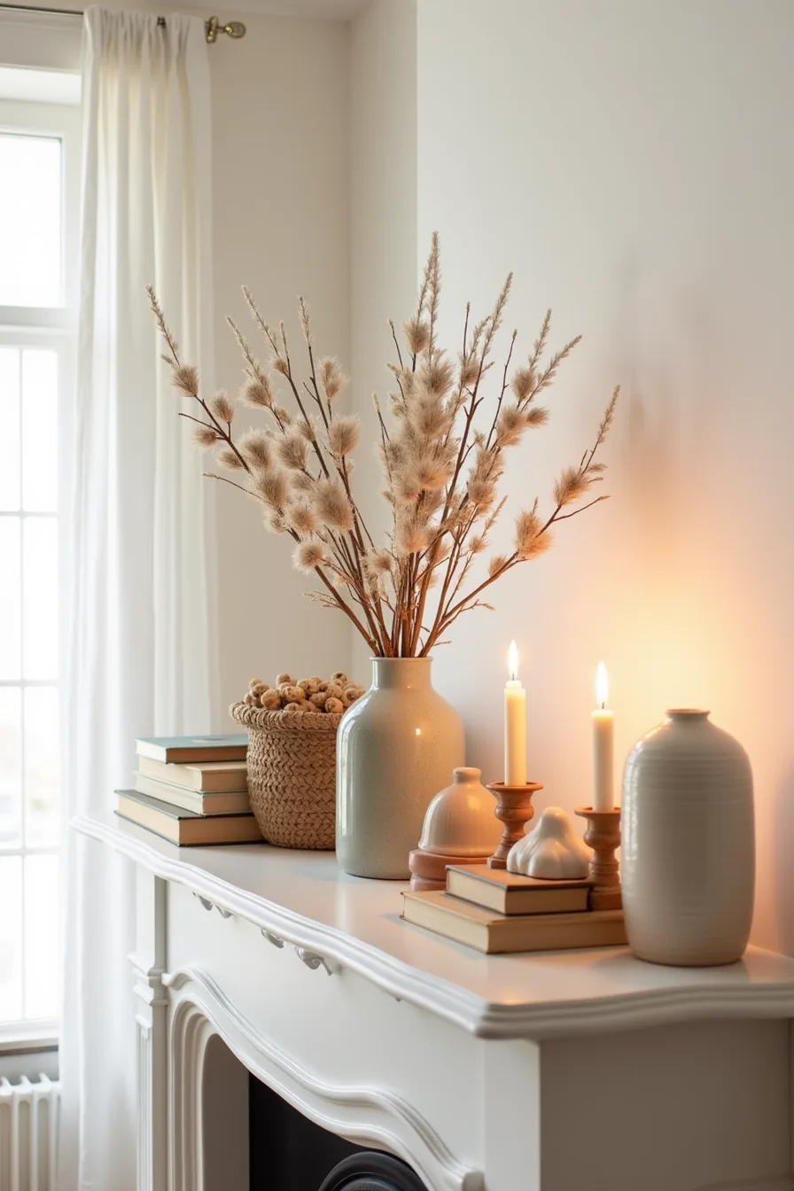 Stacked books, a glass vase with branches, woven basket, candles, dried florals, wooden boxes, and sculptures create layered