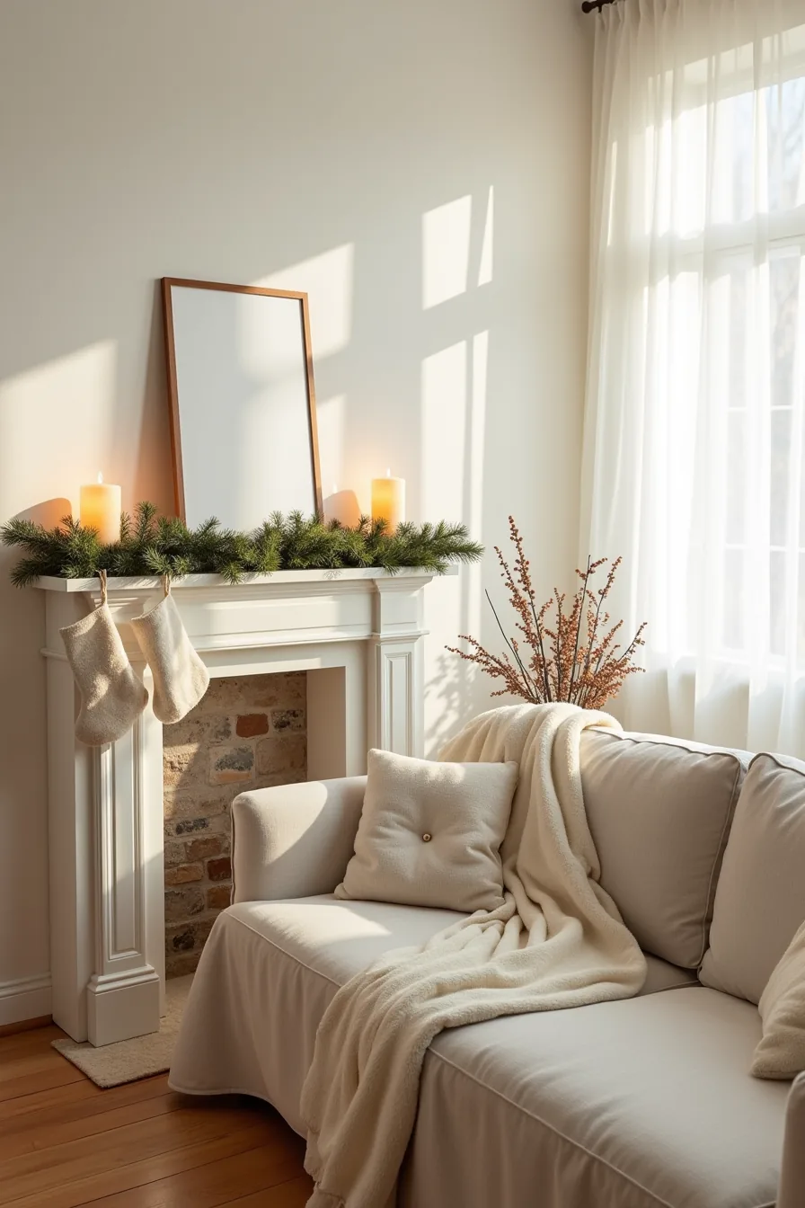 Three mantels displayed together show narrow, standard, and large sizes with proportional garlands, candles, and stockings