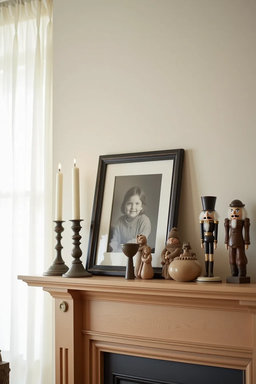 Antique candlesticks, vintage ornaments, and a centered black-and-white family photo surround a wooden nutcracker and