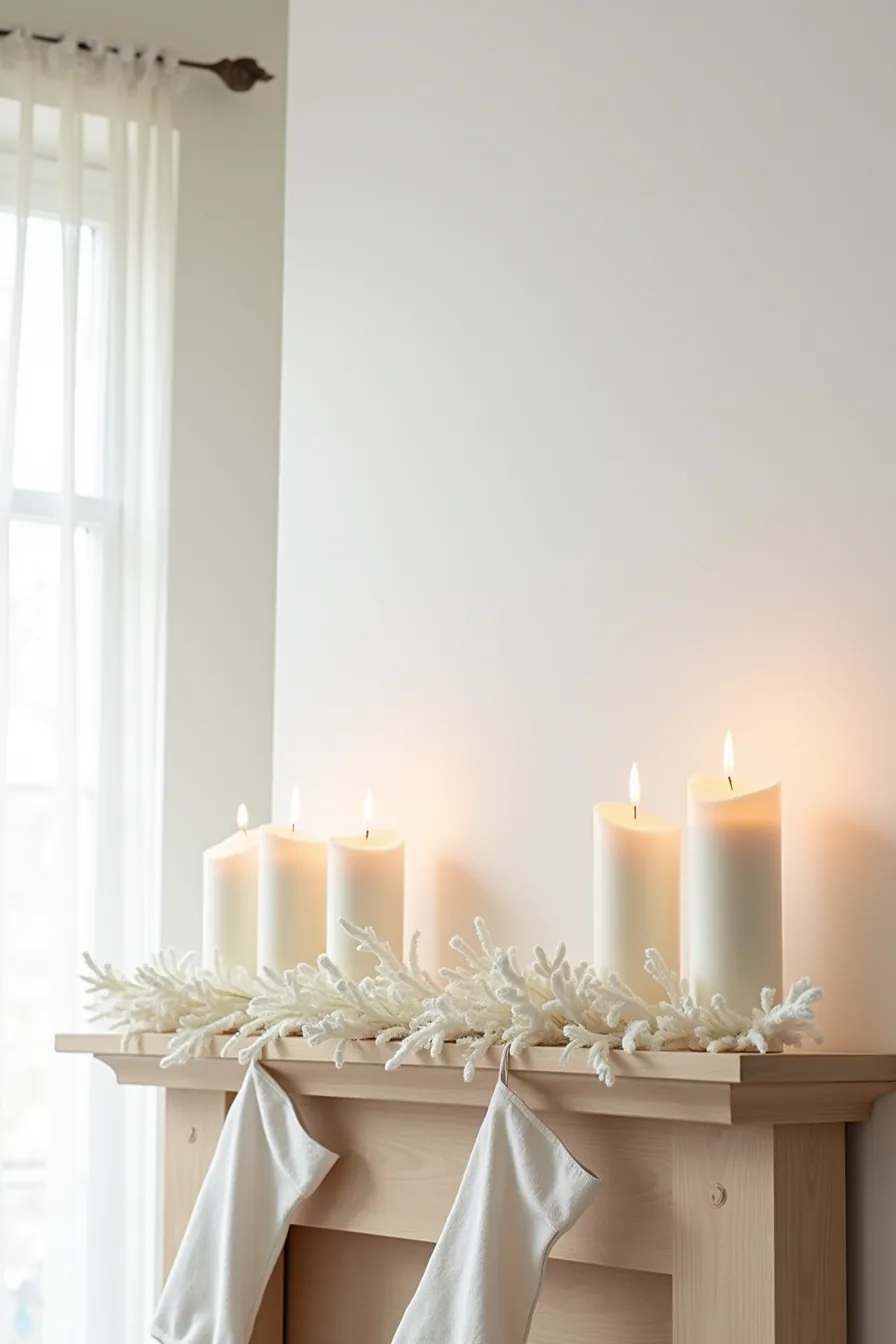 White faux garland and five varying-height pillar candles create a minimalist mantel with one white linen stocking and