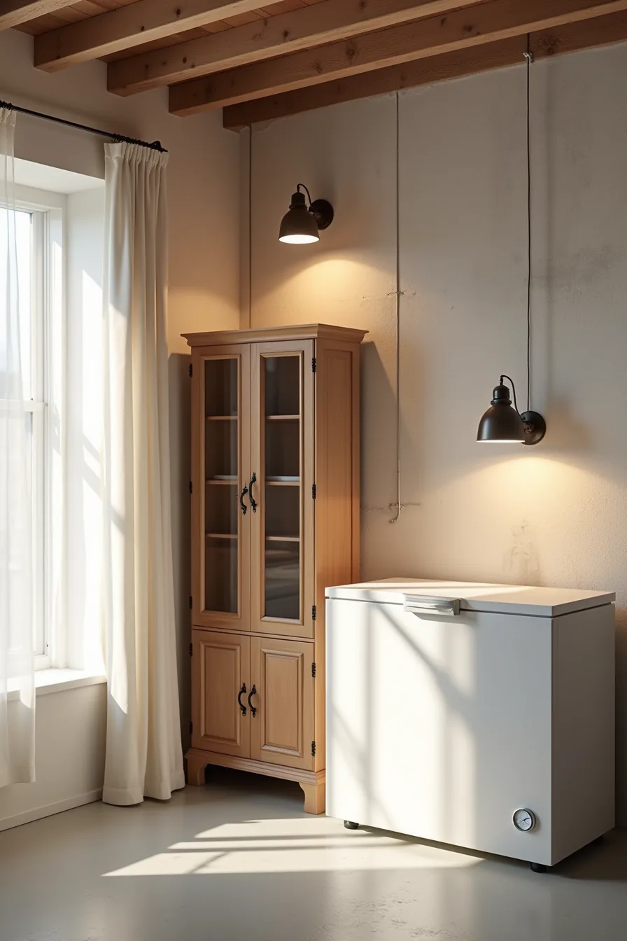 Basement corner with three storage zones: a wooden glass-door cabinet, a freestanding shelving unit against a stained
