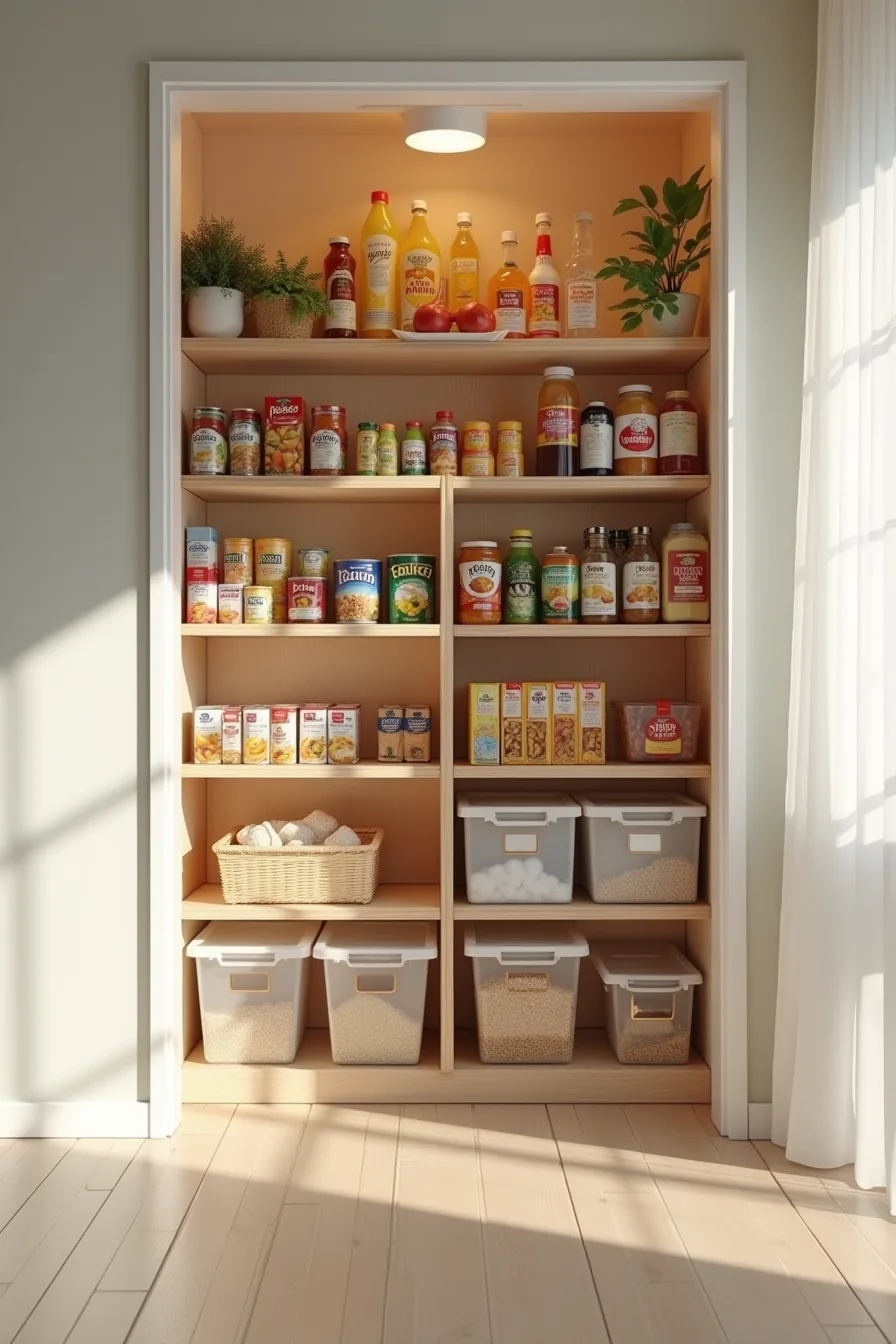 Interior of a pantry closet organized into four sections holding beverage bottles, canned vegetables, pasta boxes, rice