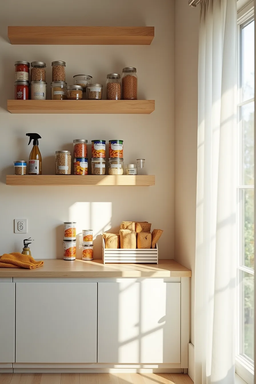 Three organized shelves holding canned goods and storage boxes with a microfiber cloth, spray bottle, and date-stamp tool
