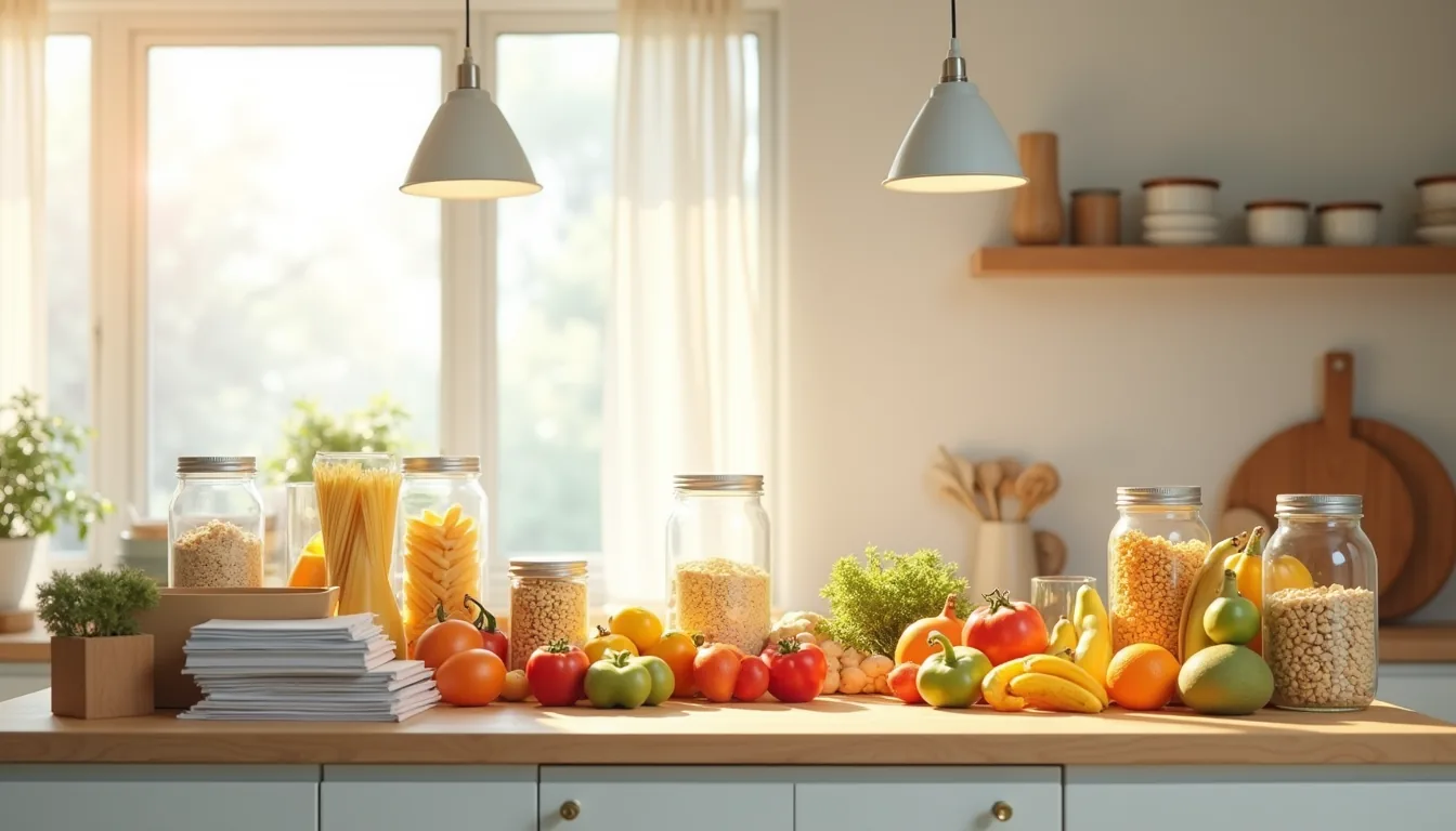 Kitchen counter viewed from directly above showing scattered canned goods, pasta boxes, cereal containers, glass jars, and