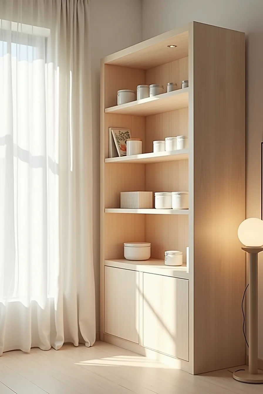Shelving unit comparing a shallow shelf holding three visible jars against a deeper shelf holding six jars with back row