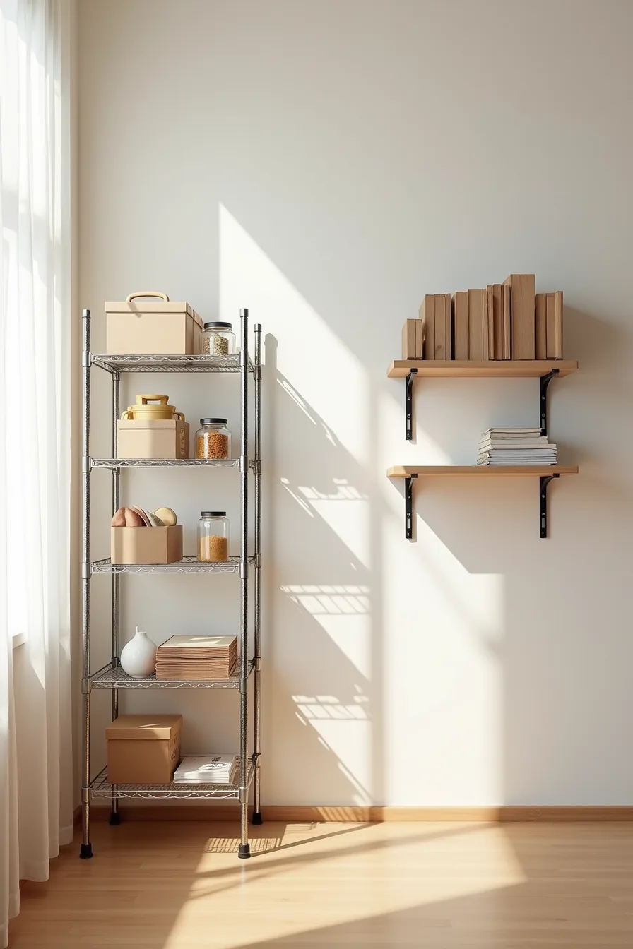 Side-by-side comparison of a metal wire shelving unit on the left and an adjustable wall-mounted bracket system on the