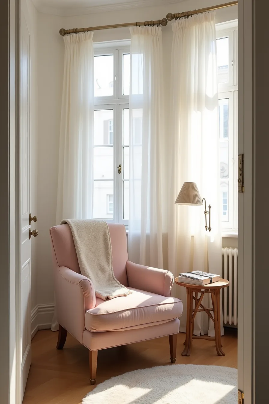 Blush velvet French arm chair at a writing desk with a folded linen throw, table lamp with pleated shade, and soft window