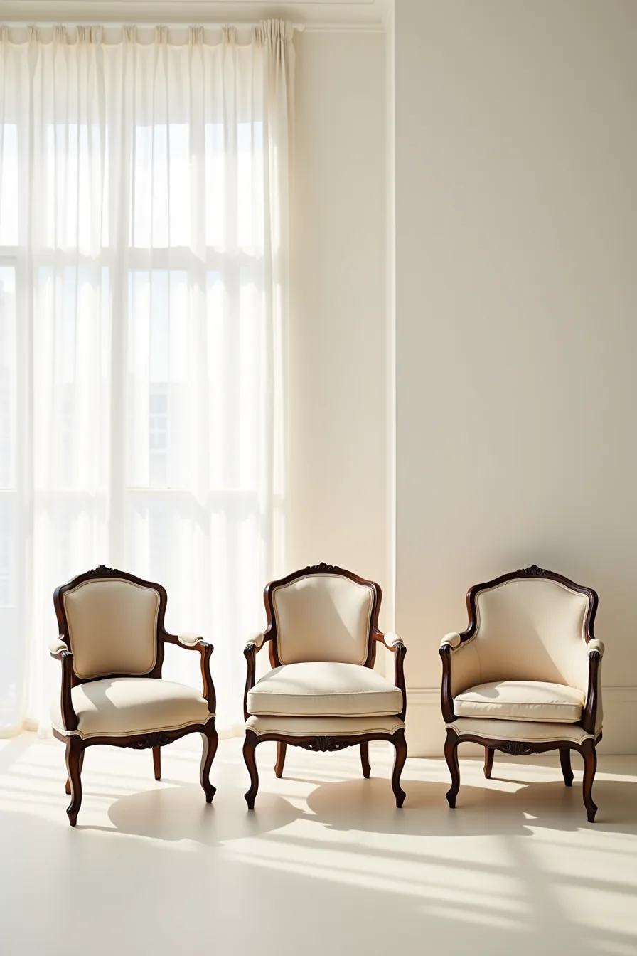 Three French arm chairs in a row displaying construction types: budget particle-board frame, removable canvas slip-cover