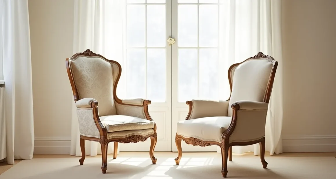 Two French arm chairs displayed side by side, one with carved frame and damask fabric, the other with plain legs and natural