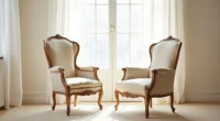 Two French arm chairs displayed side by side, one with carved frame and damask fabric, the other with plain legs and natural