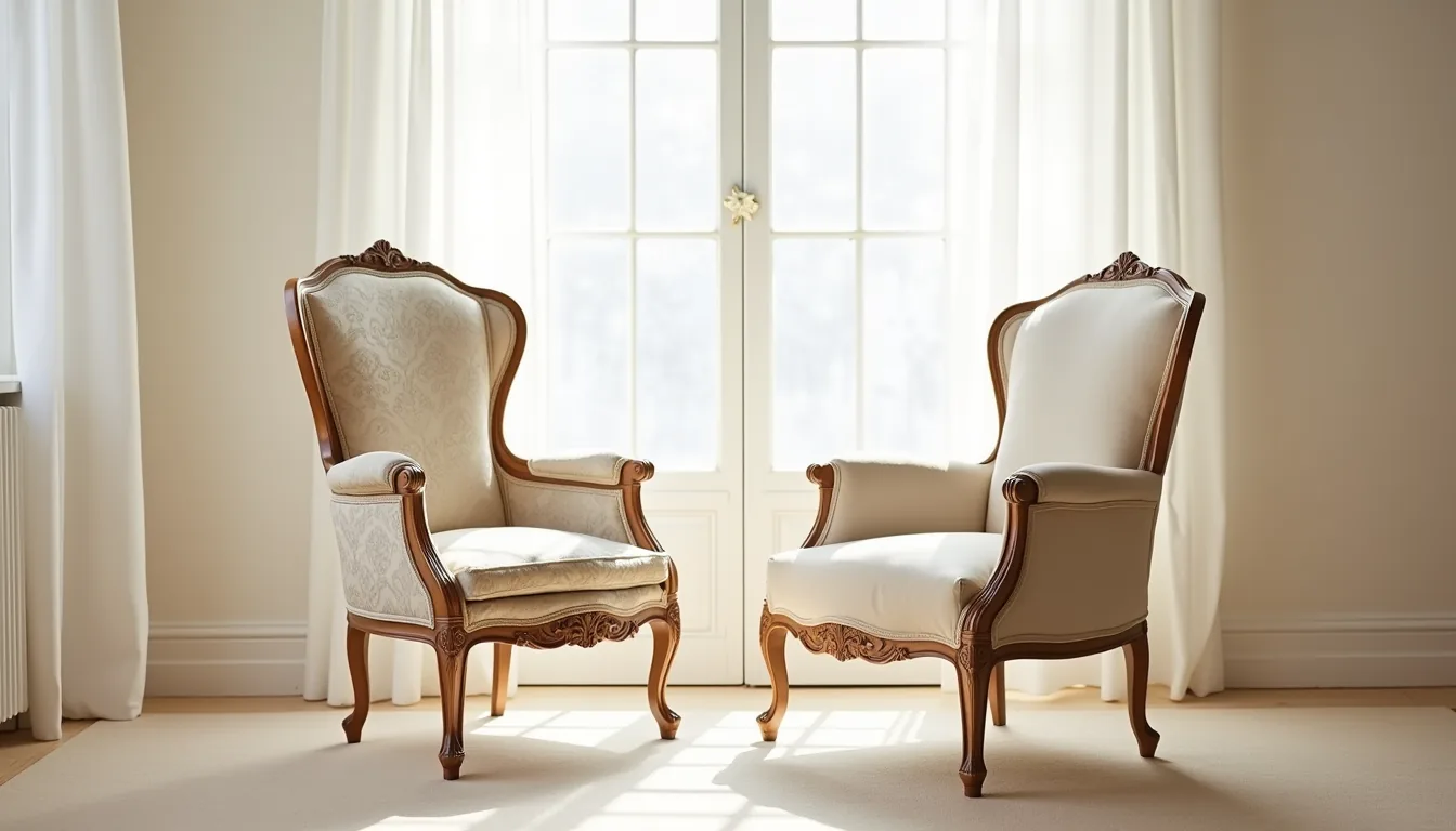 Two French arm chairs displayed side by side, one with carved frame and damask fabric, the other with plain legs and natural