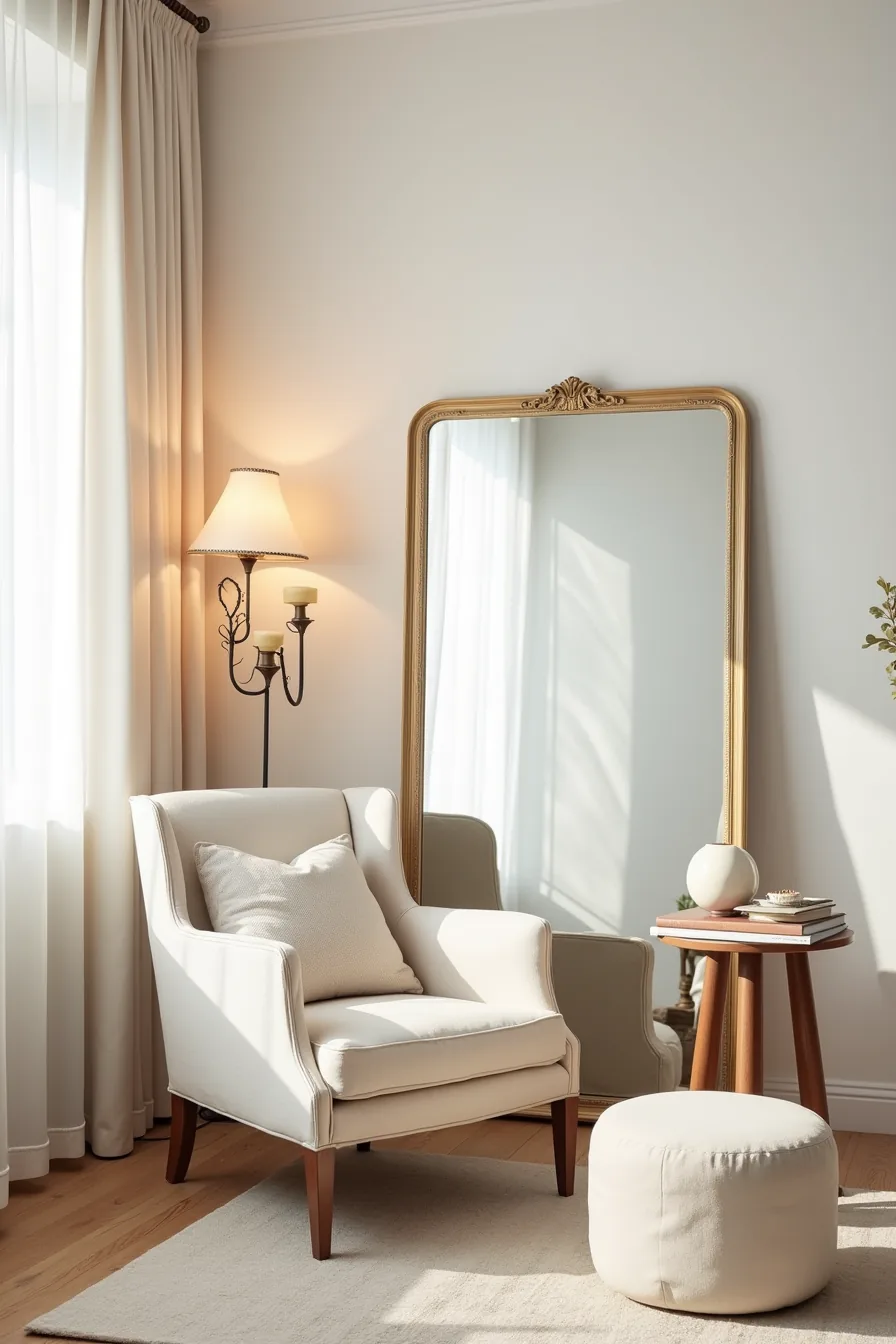 Cream linen French arm chair grouped with an ornate brass floor lamp, brass side table, ceramic vessel, and leaning mirror
