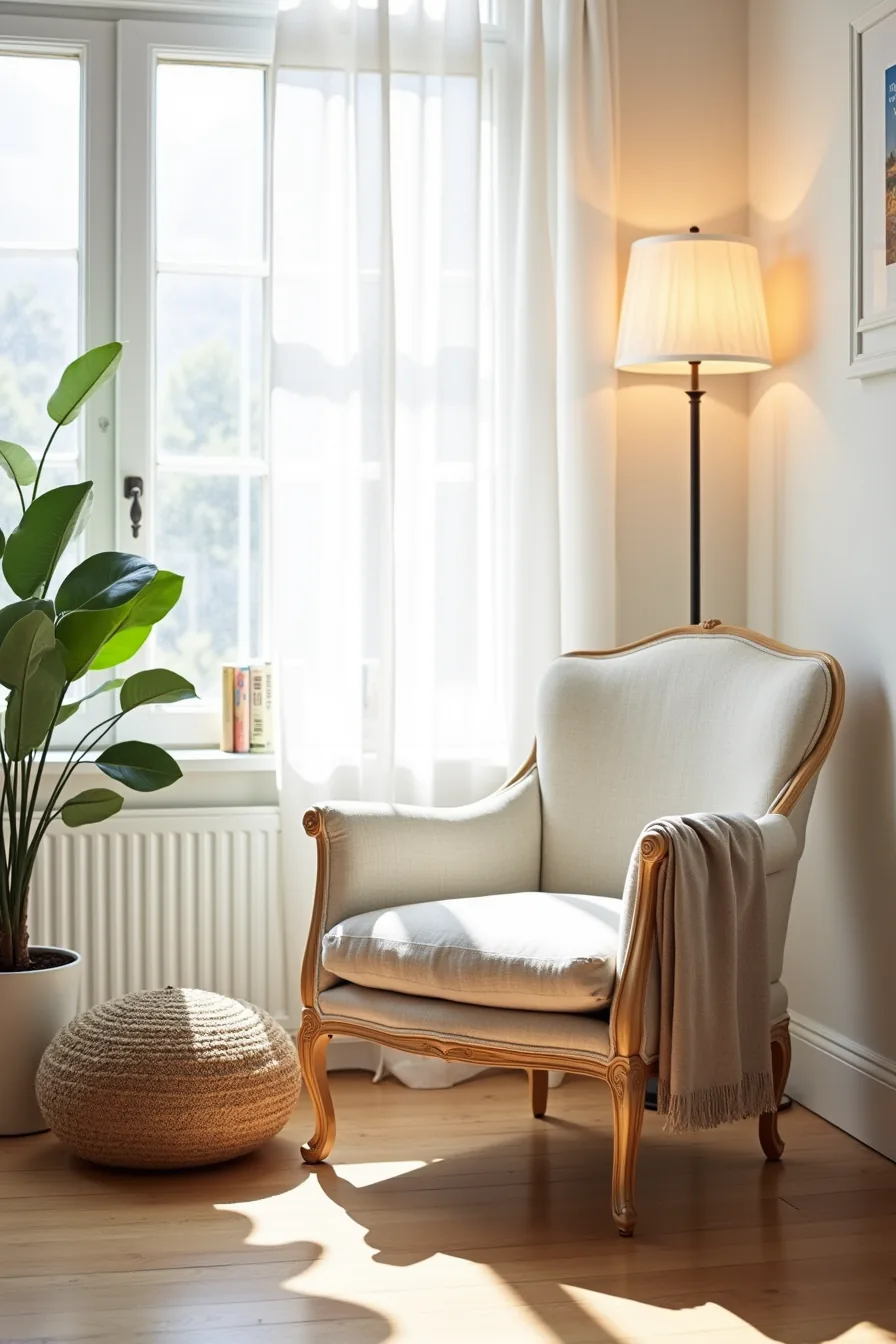 Natural linen French arm chair displayed beside a woven jute pouf and potted plant in a neutral living space with wood