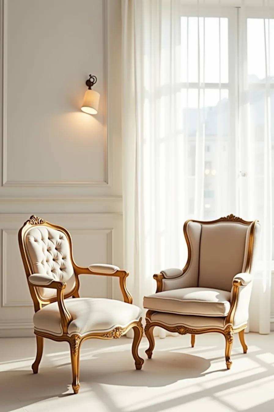 Formal Louis XVI chair with gilded frame and tufted velvet positioned beside a bergère-style chair with beige linen and