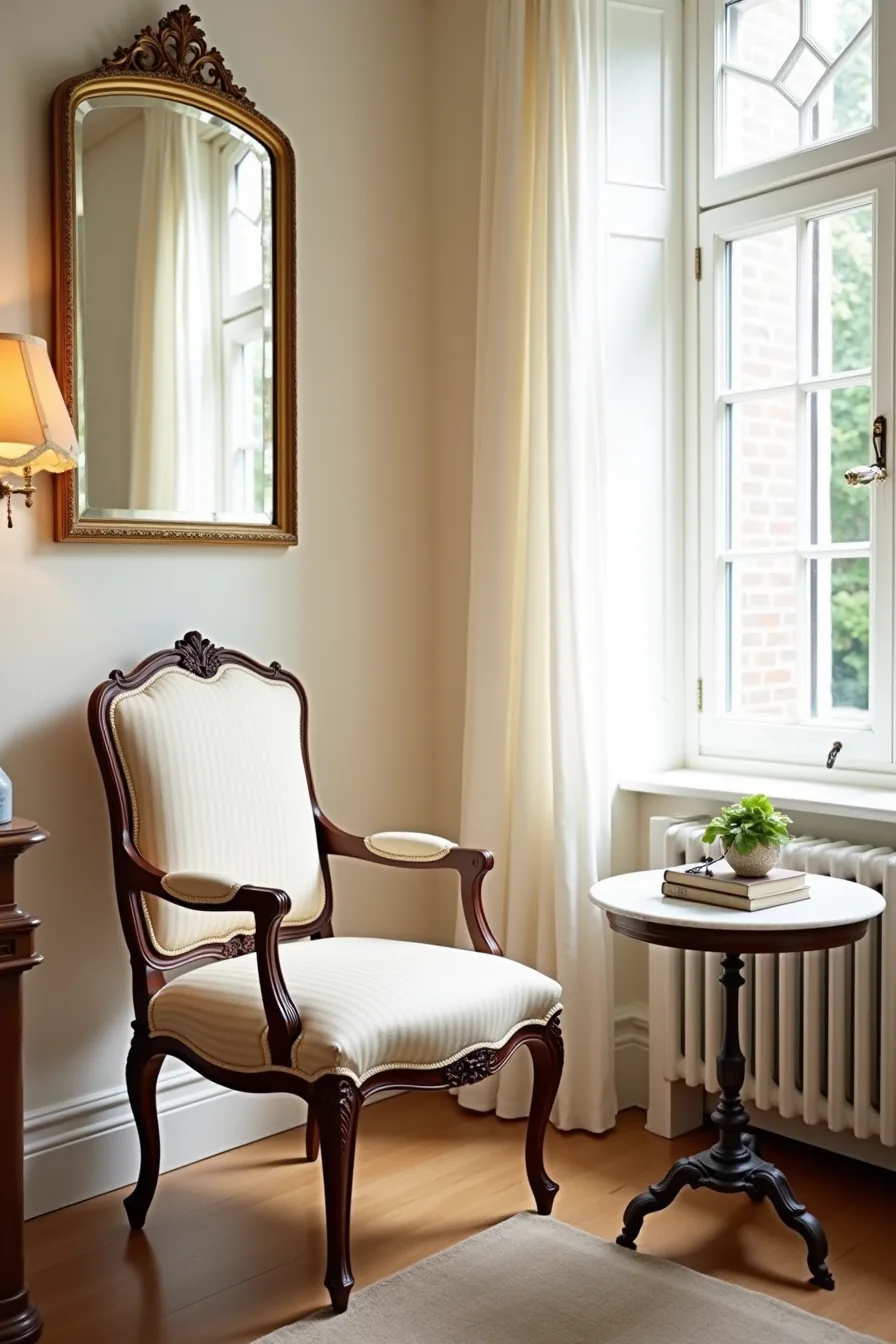 French arm chair with carved mahogany frame and damask striped upholstery positioned at a marble-topped table beneath a