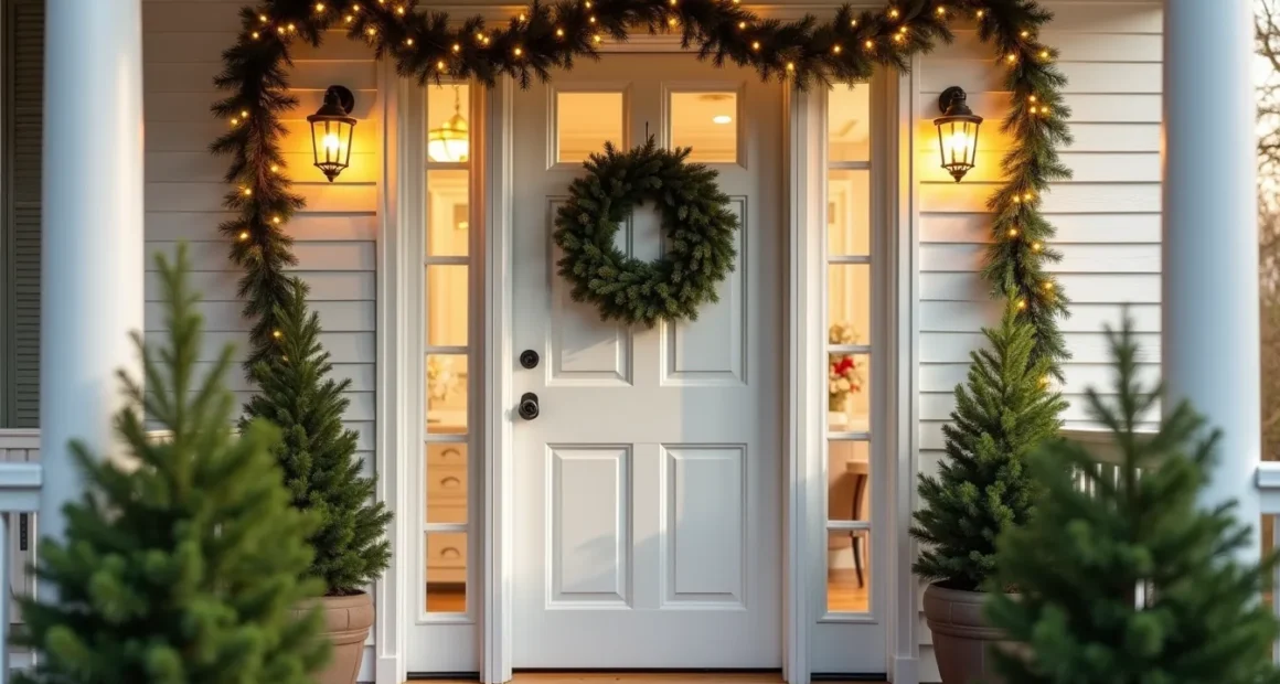 Colonial home entrance decorated with a centered wreath, draped garland, flanking potted evergreens, and warm white lights