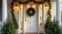 Colonial home entrance decorated with a centered wreath, draped garland, flanking potted evergreens, and warm white lights