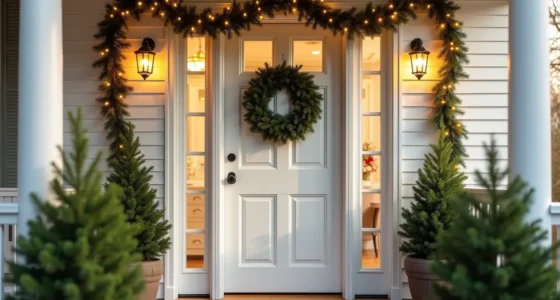 Colonial home entrance decorated with a centered wreath, draped garland, flanking potted evergreens, and warm white lights