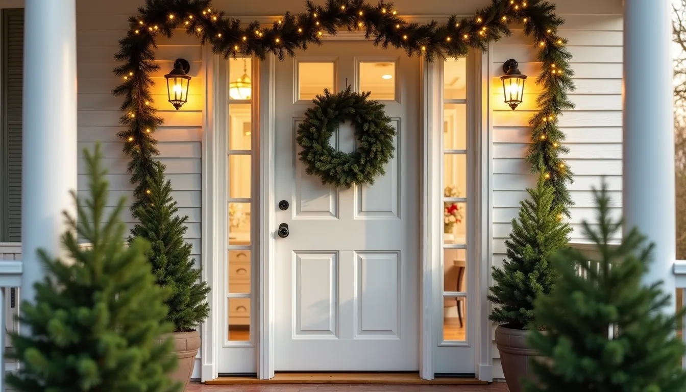 Colonial home entrance decorated with a centered wreath, draped garland, flanking potted evergreens, and warm white lights