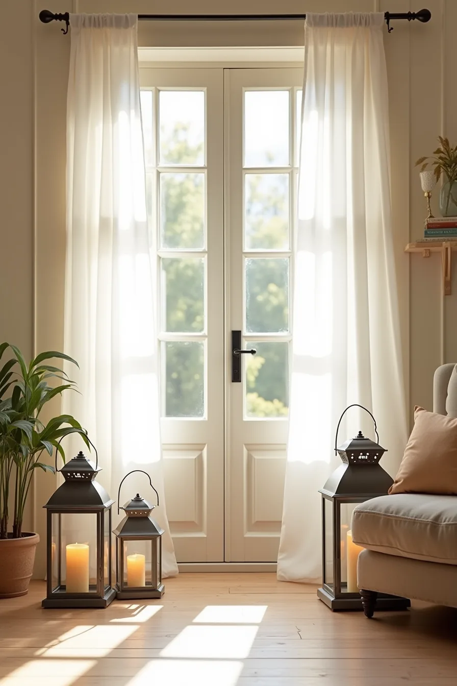 Two metal lanterns with LED candles positioned on either side of a front door, one with a weighted base and one with a wire