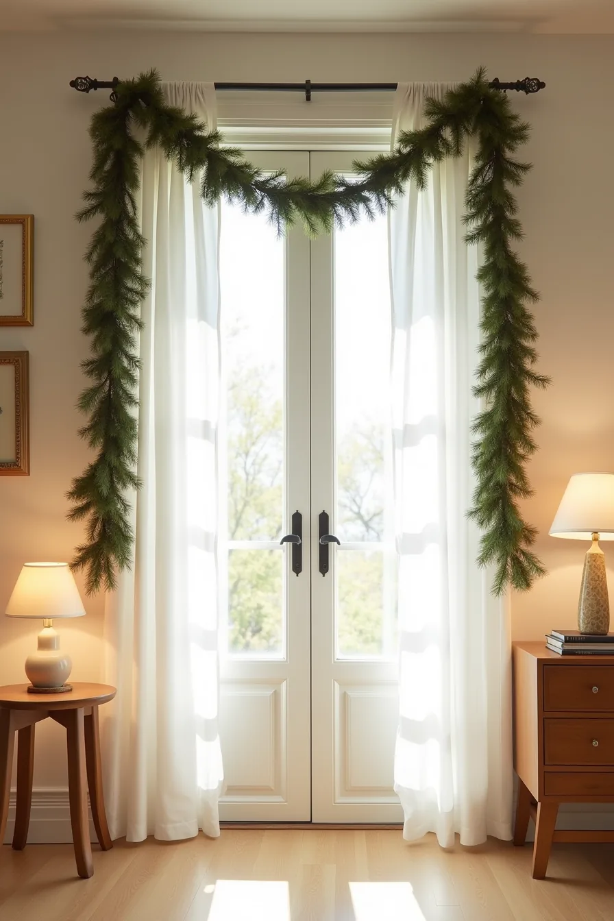 Garland swag secured across a door frame and railing with visible adhesive hooks and zip ties demonstrating the installation