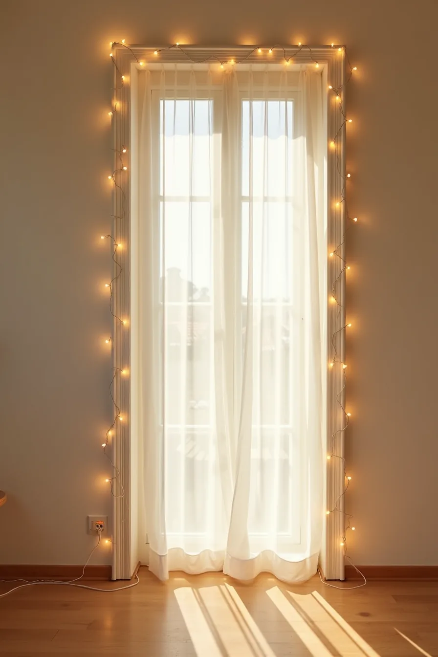 Rope and string lights installed around a door frame with visible electrical outlet and extension cord, glowing at dusk.