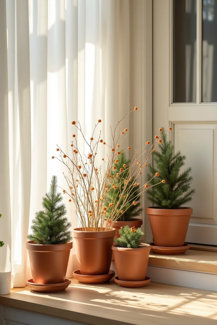 Cluster of five terracotta and ceramic pots with evergreens, ornamental grasses, and winter berries arranged on a front