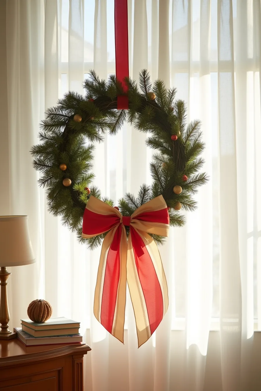 Wreath and garland combined and tied with layered red, gold, and cream ribbons featuring a decorative bow at the center.
