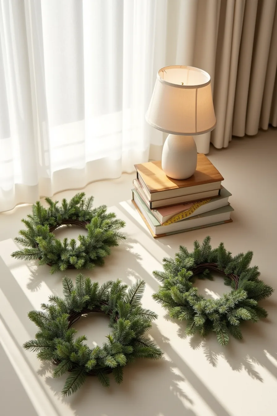 Three wreaths of different sizes displayed side by side showing fresh, foam, and twig construction styles with hangers and